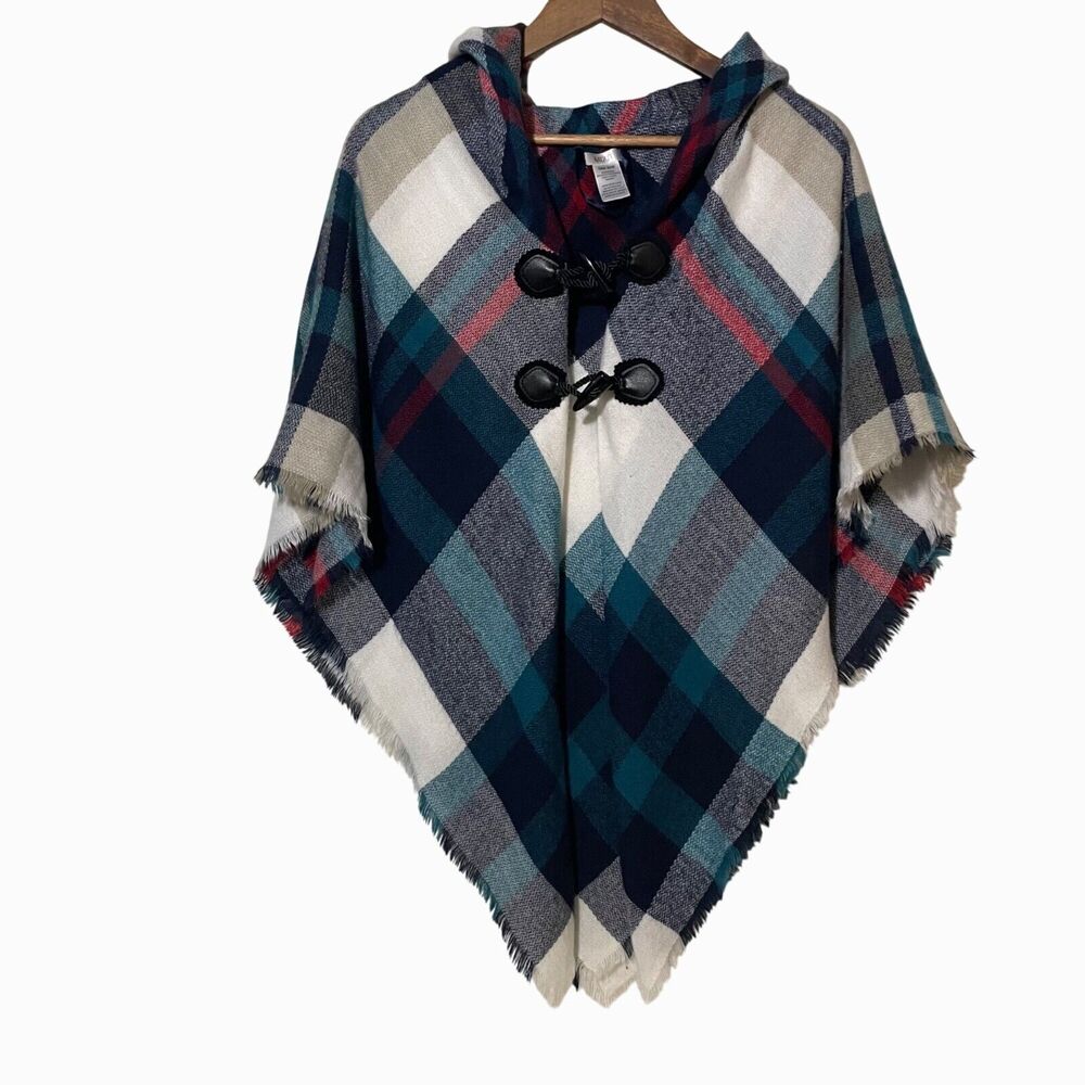 MIXIT · One Size · Plaid Hooded Poncho Cape · Toggle Fringe Wrap Outlander Style